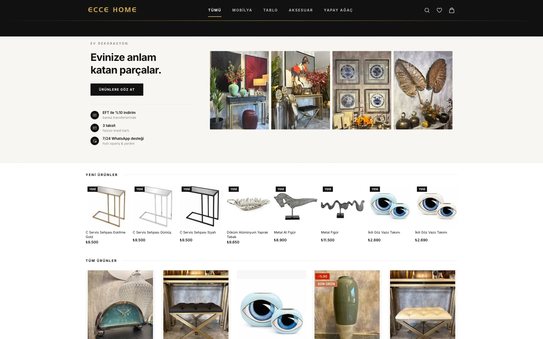 The EcceHome storefront. A black navigation bar on top, with room photography and a row of new products below it.