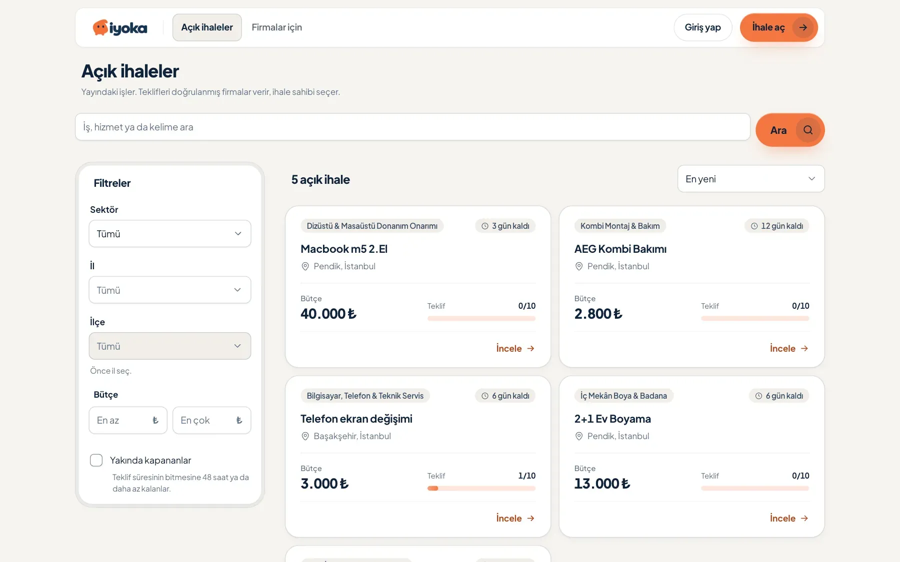 The İyoka open tenders page. Sector, city and budget filters on the left; tender cards on the right, each with a budget, the number of offers received and the days left.